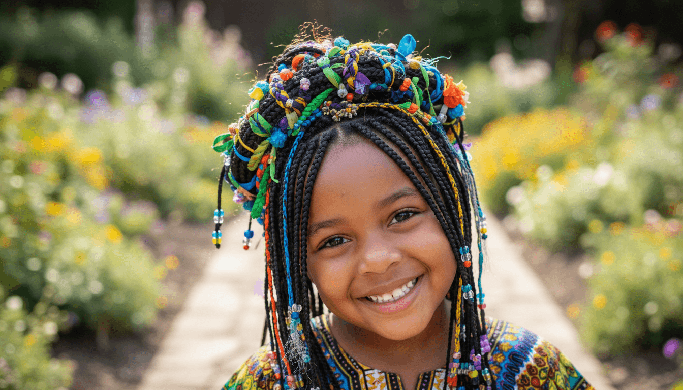 Happy child with professional braided hairstyle and hair accessories