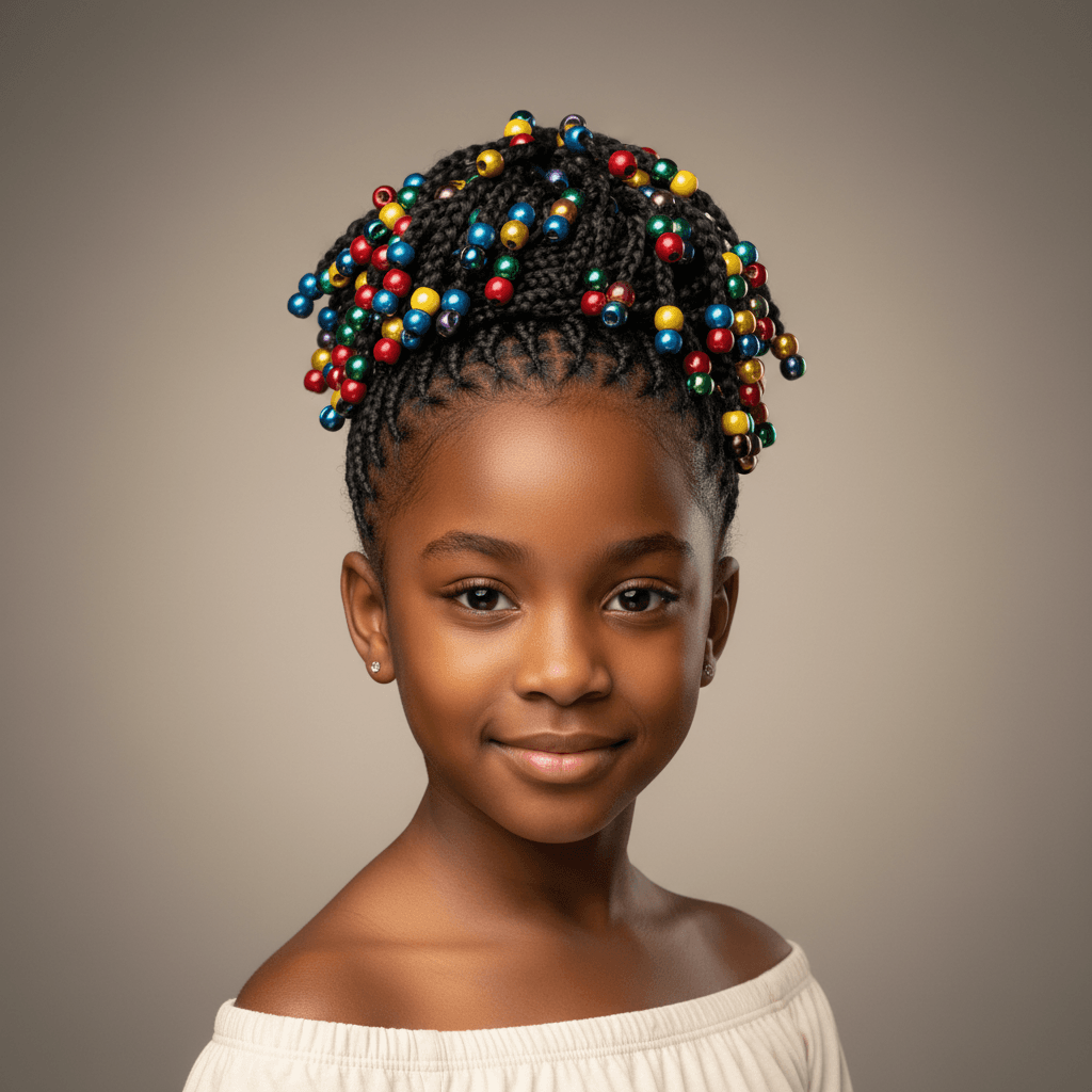 Child with colorful box braids and beads