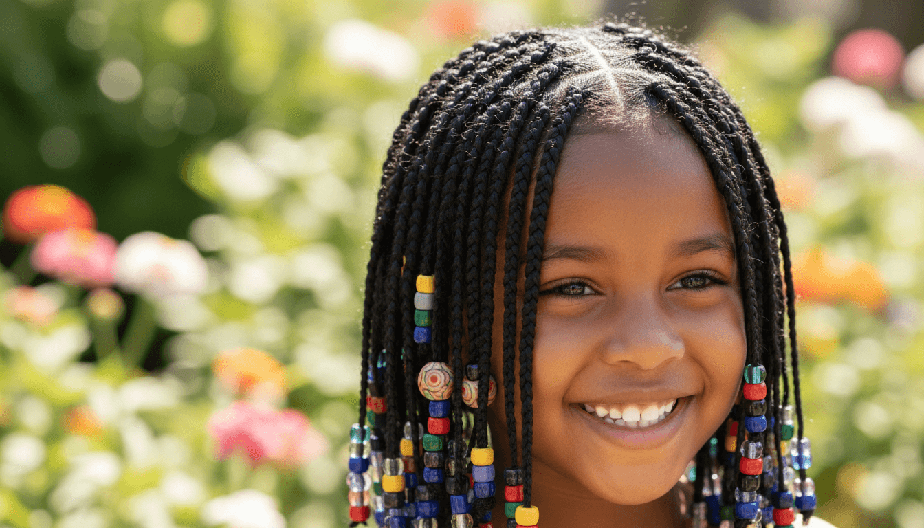 Happy child with beautifully braided hairstyle showcasing Lux Braids & accessories creative work