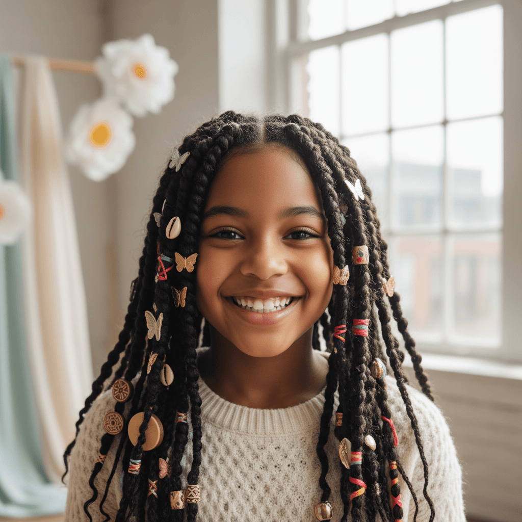 Child with twist braids and hair accessories
