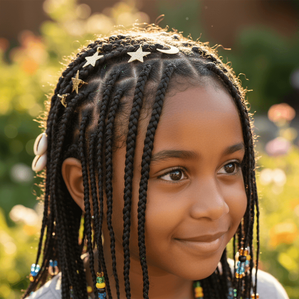 Child with mixed braid styles and clips