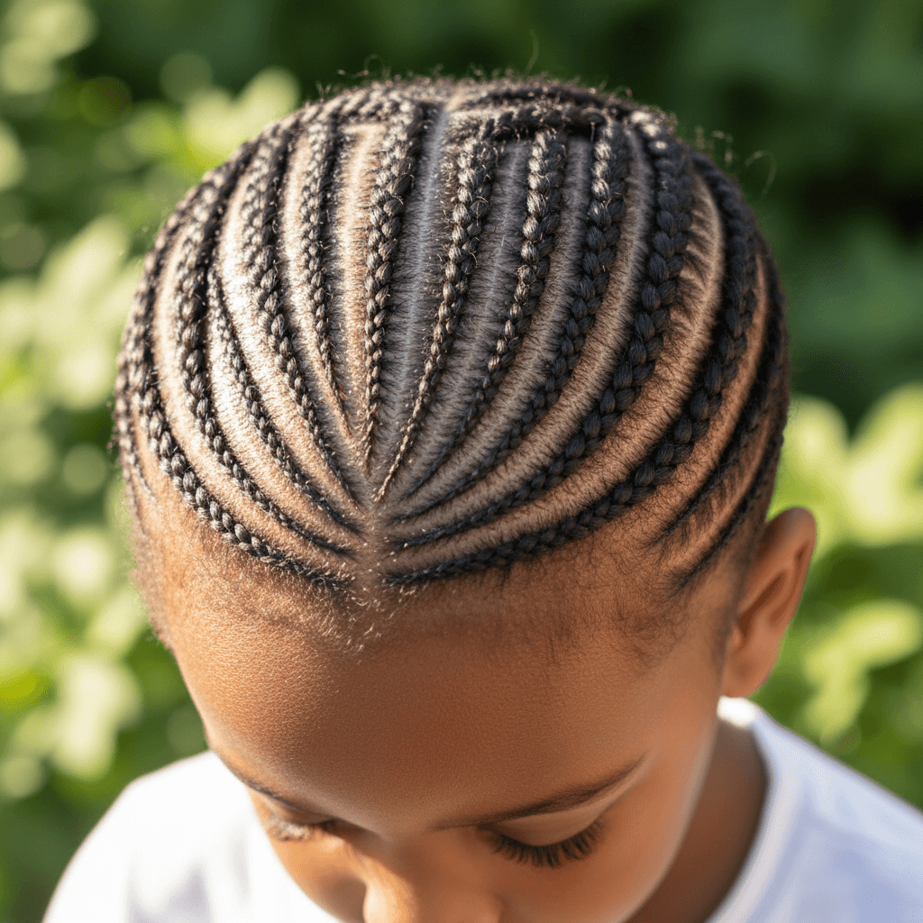 Child with detailed cornrow braids