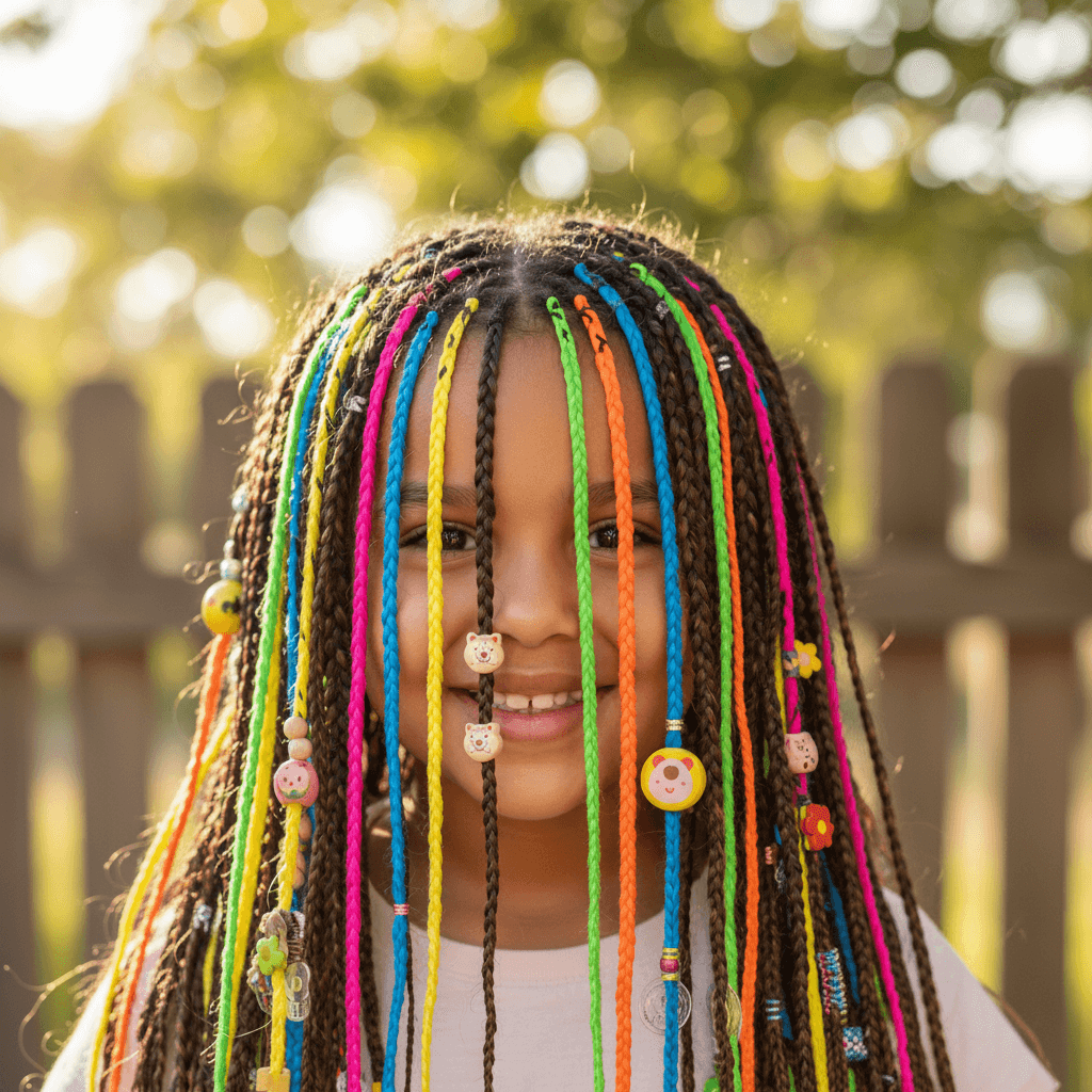 Long braids with multi-colored cords and accessories
