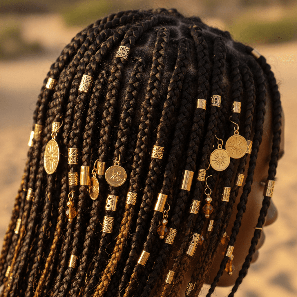 Detailed box braids with gold hair accessories