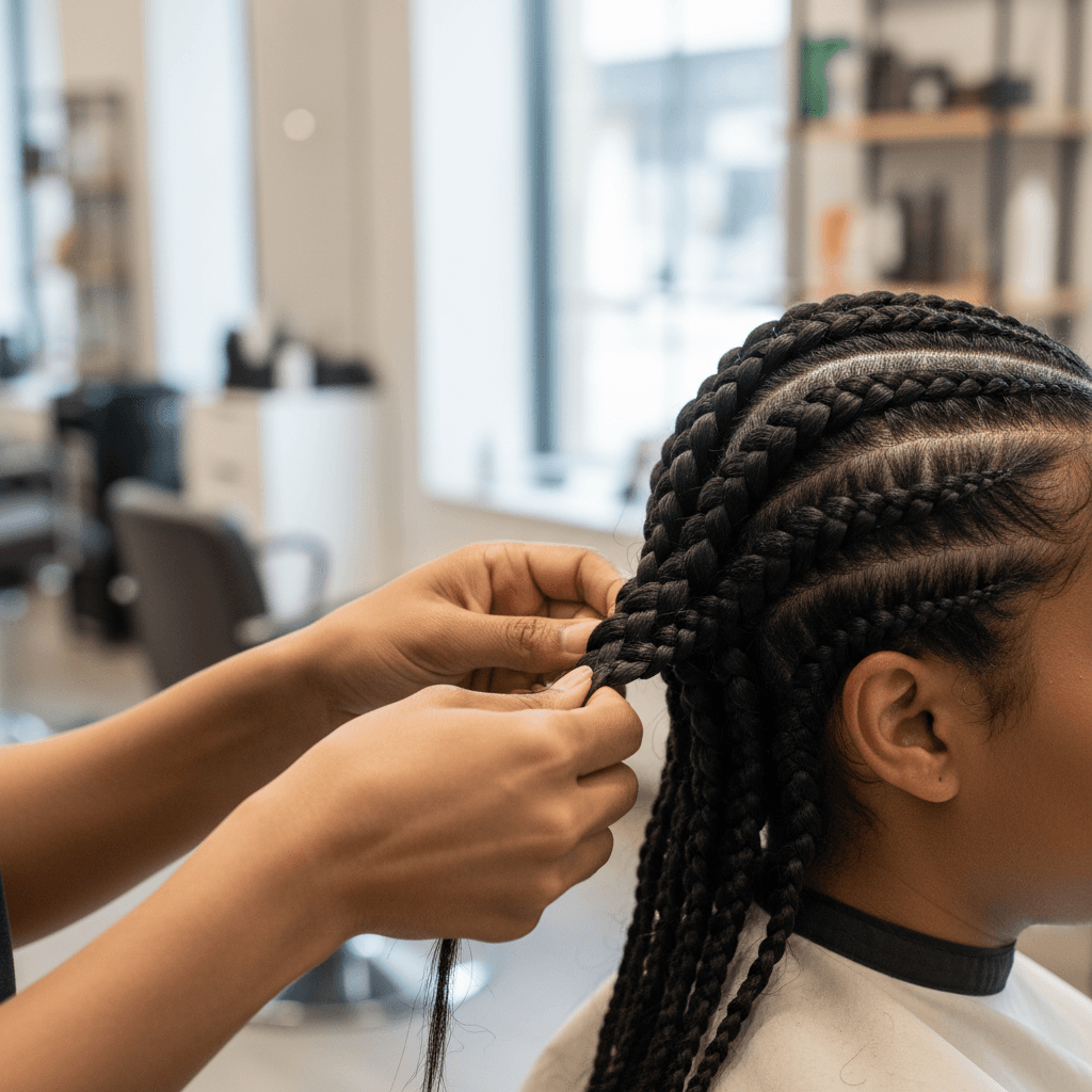 Lux Braids owner creating a braided style for a young client