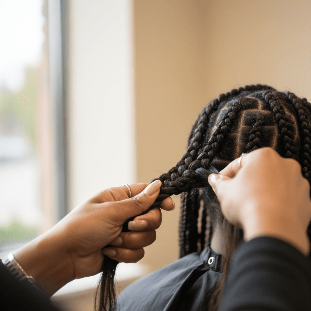 Box braids gathered in styled updo with decorative beads